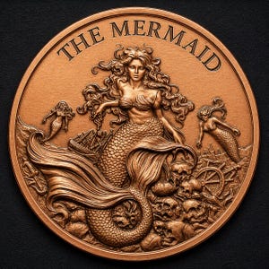 May include: A circular copper-toned medallion featuring a high-relief design of a central mermaid with long flowing hair, surrounded by two smaller mermaids, a shipwreck, and a pile of skulls. The text THE MERMAID is embossed along the top edge.