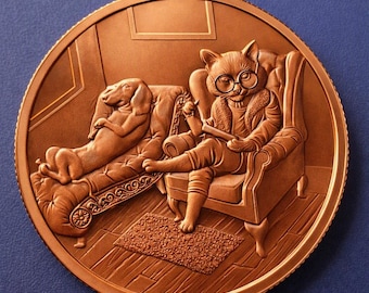 May include: A circular copper-toned coin featuring a relief design of a cat wearing round glasses sitting in an armchair while reading, and a dachshund lying on a chaise lounge nearby. The scene is set on a wooden floor with a small rectangular rug.