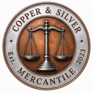 May include: A round copper and silver mercantile logo with the text "COPPER & SILVER MERCANTILE" and "EST. 2023". The logo features a balance scale in the center.