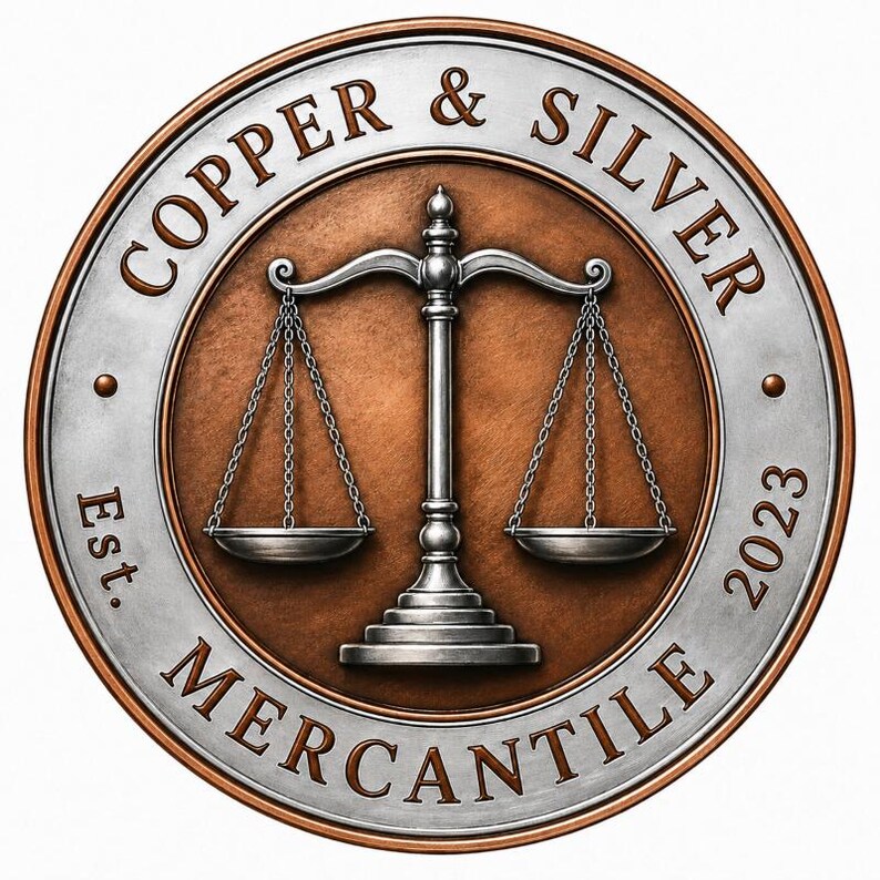 May include: A round copper and silver mercantile logo with the text "COPPER & SILVER MERCANTILE" and "EST. 2023". The logo features a balance scale in the center.