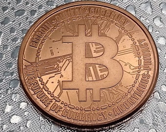 May include: A copper-colored Bitcoin coin with the Bitcoin symbol in the center. The coin has the words "Bitcoin Digital Currency Anonymous Privacy" and "The Future of Currency" around the edge.