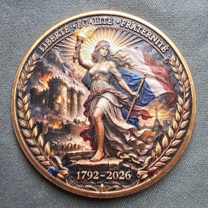 May include: A round bronze-toned commemorative coin featuring a central figure holding a torch, with a fortress and a French flag in the background. The text LIBERTÉ ÉGALITÉ FRATERNITÉ is at the top, and the years 1792-2026 are at the bottom.