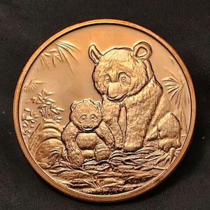 May include: A bronze-colored coin featuring a detailed relief of a panda bear and a cub in a natural setting. The coin's design includes bamboo and a textured background, showcasing the bears' fur and facial features.
