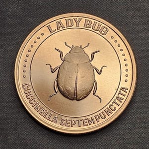 May include: A bronze-colored coin featuring a detailed illustration of a ladybug. The coin has the words "LADY BUG" and "COCCINELLA SEPTEMPUNCTATA" around the edge. The ladybug is centered on the coin.