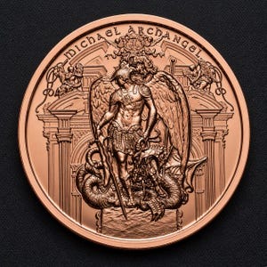 May include: A circular copper-toned medallion featuring a relief of Michael Archangel in armor with wings, holding a sword and standing over a serpent. The background displays architectural columns and arches, with the text MICHAEL ARCHANGEL inscribed.