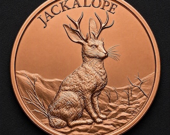 May include: A circular copper-toned coin featuring a raised relief of a jackalope sitting in a desert landscape with sparse vegetation. The word JACKALOPE is embossed in a curved font along the upper edge of the coin, which has a smooth rim.