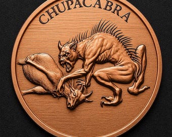 May include: A circular copper-toned medallion featuring a raised relief design of a mythical creature attacking a goat. The word CHUPACABRA is embossed in black capital letters along the upper rim. The surface has a brushed metallic texture.