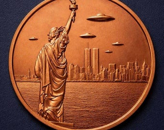 May include: A circular copper-toned medallion featuring a relief of the Statue of Liberty viewed from behind, holding a torch aloft. The New York City skyline, including the Twin Towers, is visible in the background with several flying saucers above.