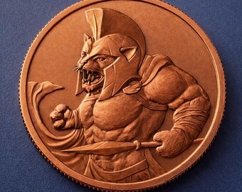 May include: A circular copper-toned coin featuring a relief design of an anthropomorphic feline warrior wearing a Spartan-style helmet with a crest. The figure has a muscular physique, holds a spear, and wears a flowing cape, all rendered in detail.