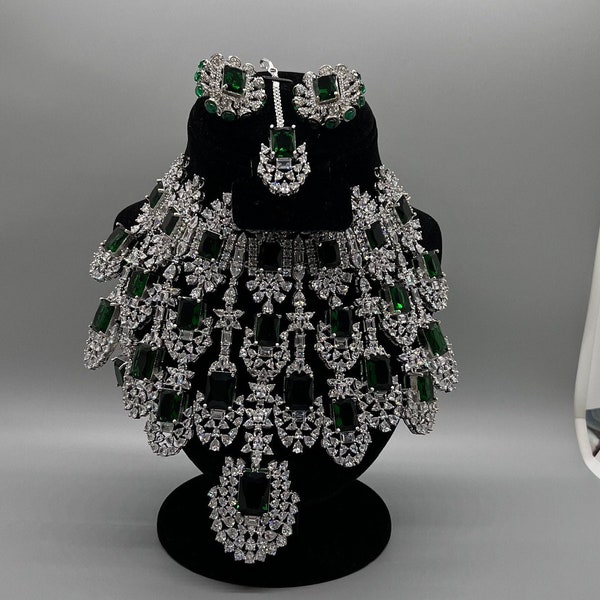 Premium quality American diamond huge necklace set with maang tikka. Wedding/bridal set.Desi,Indian,Pakistani jewelry