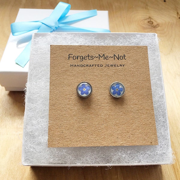 Tiny Silver Forget Me Not Flower Pierced Earrings, Round Blue Flowers in Resin Post Earrings