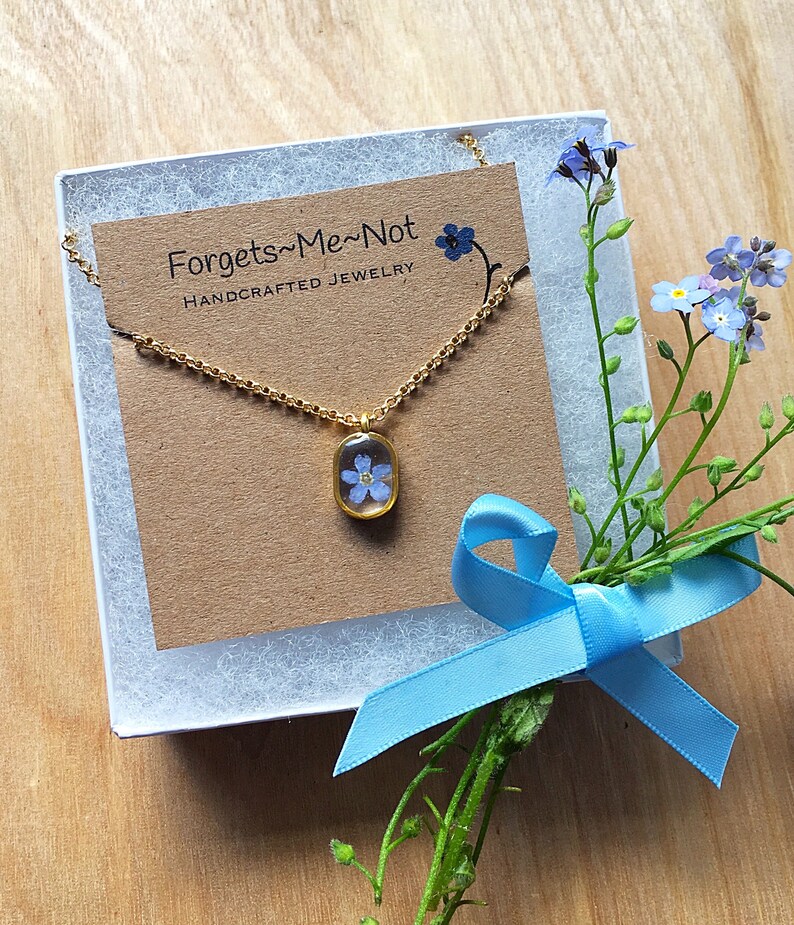 Genuine Me Not Flower Small Gold Pendant Necklace Blue Etsy