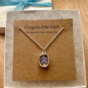 Genuine Forget Me Not Flower Small Silver Oval Pendant Necklace, Blue Forget-Me-Not Flower in Resin Silver Pendant Necklace