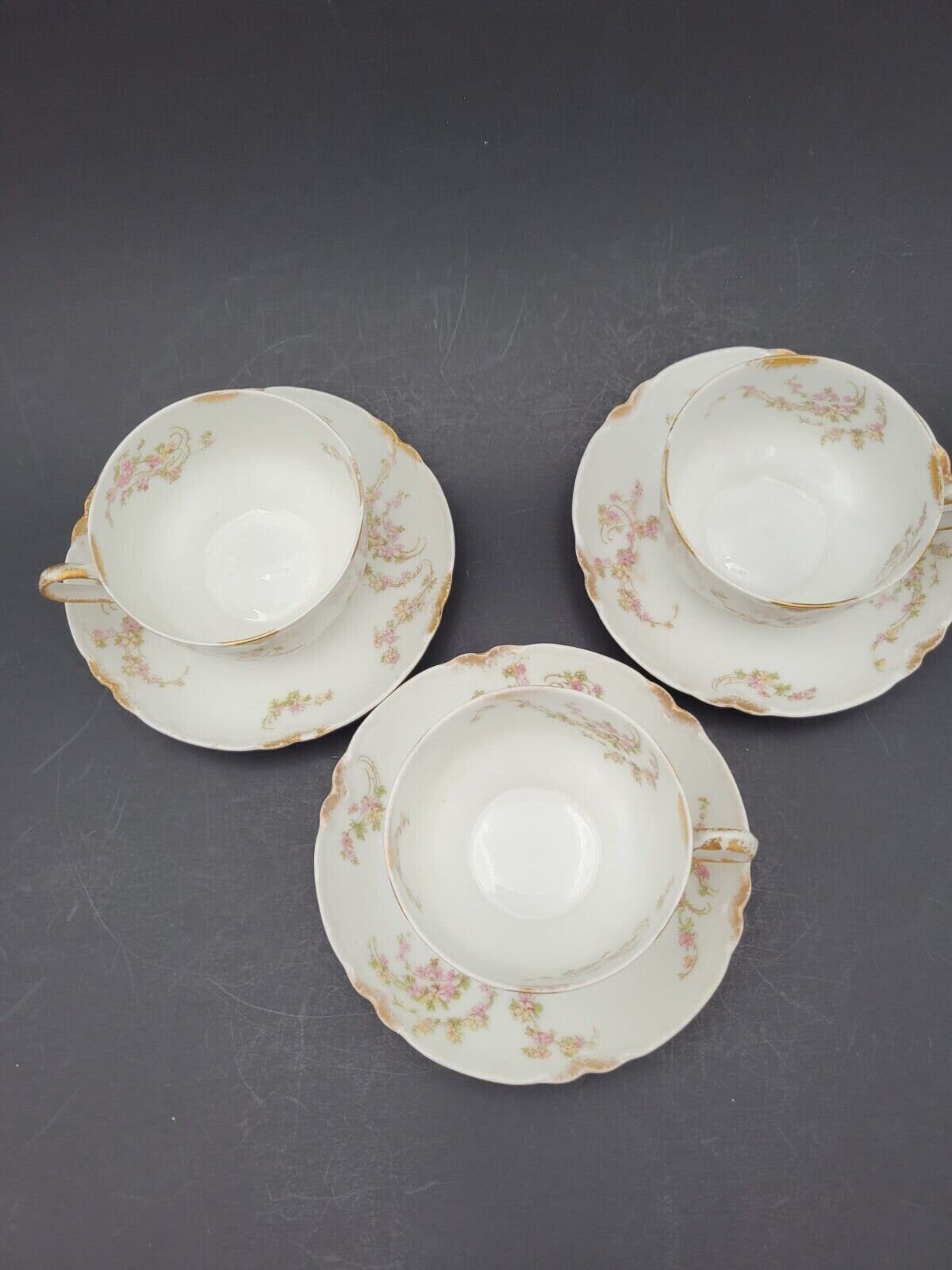 Set of 3 Haviland Limoges Teacups & Saucers Norma Gold 233A Floral