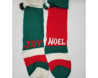 Set Of 2 Vintage Knit Christmas Stockings JOY & NOEL Red Green White 24"