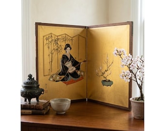 Painted Japanese Table Screen Double Sided Silk Byobu Geisha & Bonsai