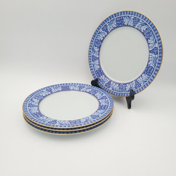 Vintage Block Spal Obidos Porcelain Dinner Plates Blue Floral & Grapes Gold Trim Set Of 4 Portugal