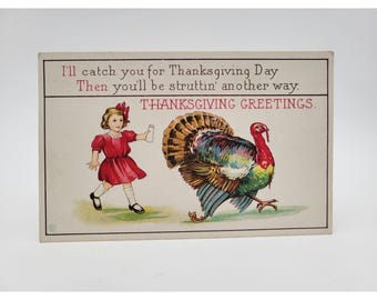 Antique Thanksgiving Postcard Girl Chasing Turkey w/ Salt Shaker Fun Early 1920s