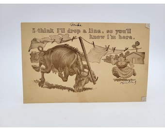 Antique Postcard Rube Series Cartoon Bull Drop A Line Know I'm here Early 1900's