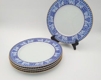 Vintage Block Spal Obidos Porcelain Dinner Plates Blue Floral & Grapes Gold Trim Set Of 5 Portugal