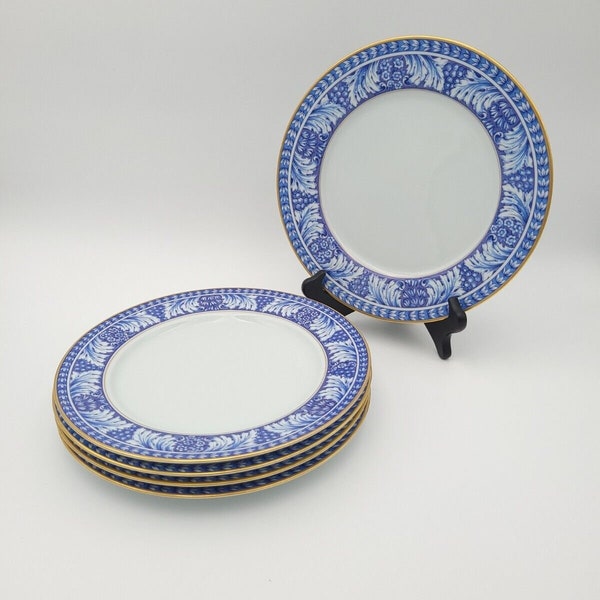 Vintage Block Spal Obidos Porcelain Dinner Plates Blue Floral & Grapes Gold Trim Set Of 5 Portugal