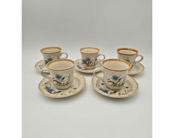 Set of 5 Mikasa Stoneware Cups & Saucers Blue Daisies Mugs #EB 804 Japan Vtg