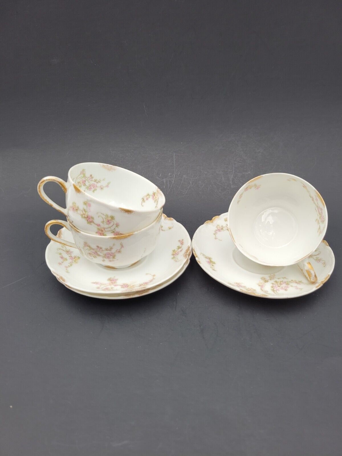 Set of 3 Haviland Limoges Teacups & Saucers Norma Gold 233A Floral