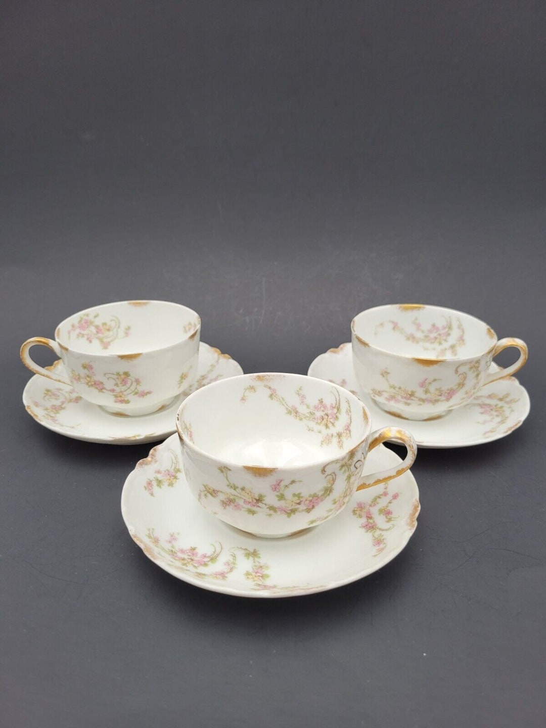Set of 3 Haviland Limoges Teacups & Saucers Norma Gold 233A Floral