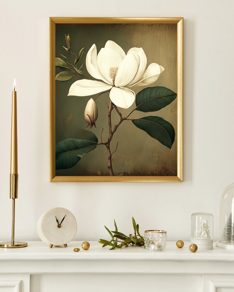 Large Wall Art, Magnolia Flower Print, Wooden Frame, Glass Cover