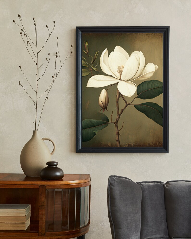 Large Wall Art, Magnolia Flower Print, Wooden Frame, Glass Cover