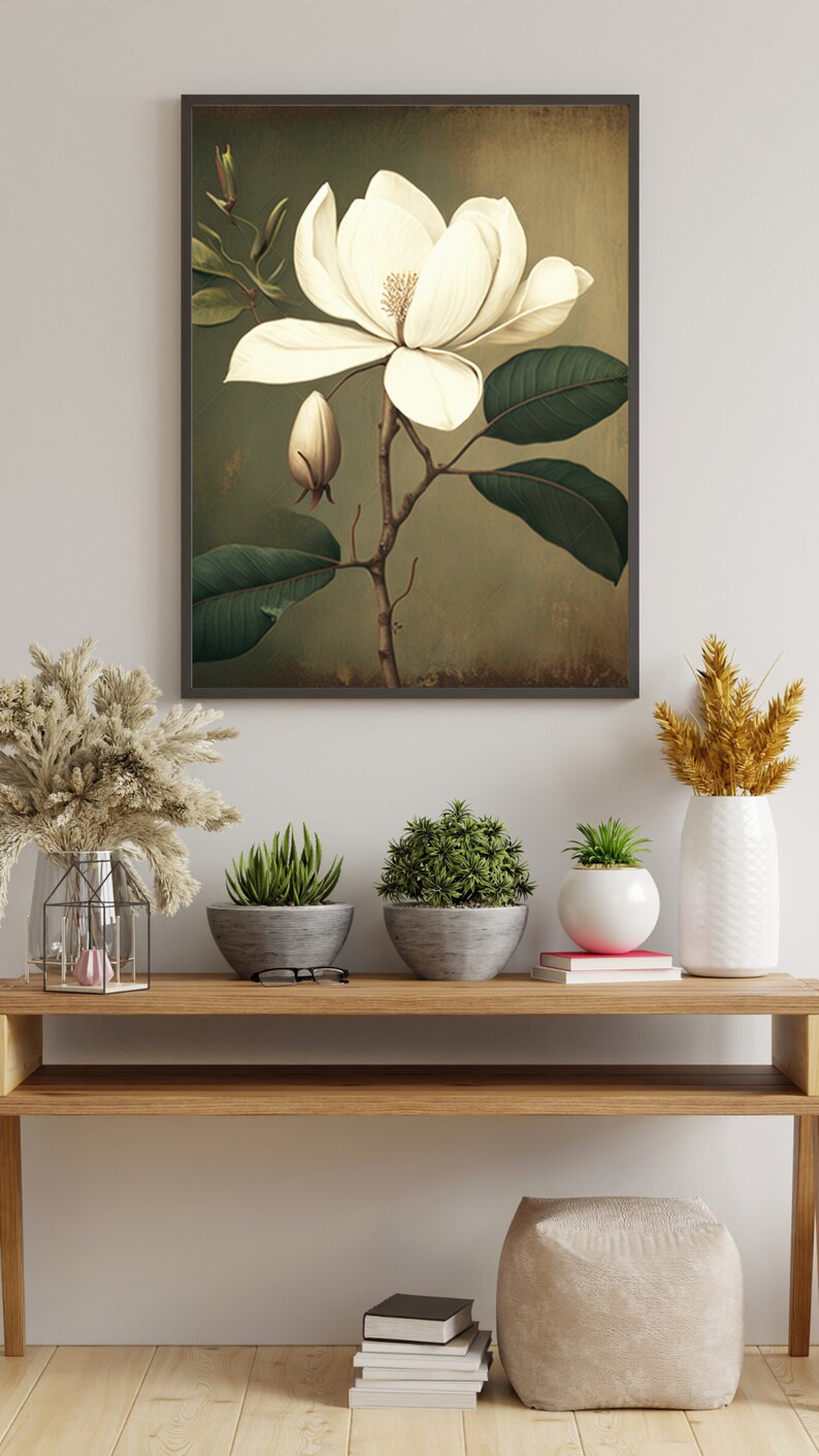 Large Wall Art, Magnolia Flower Print, Wooden Frame, Glass Cover