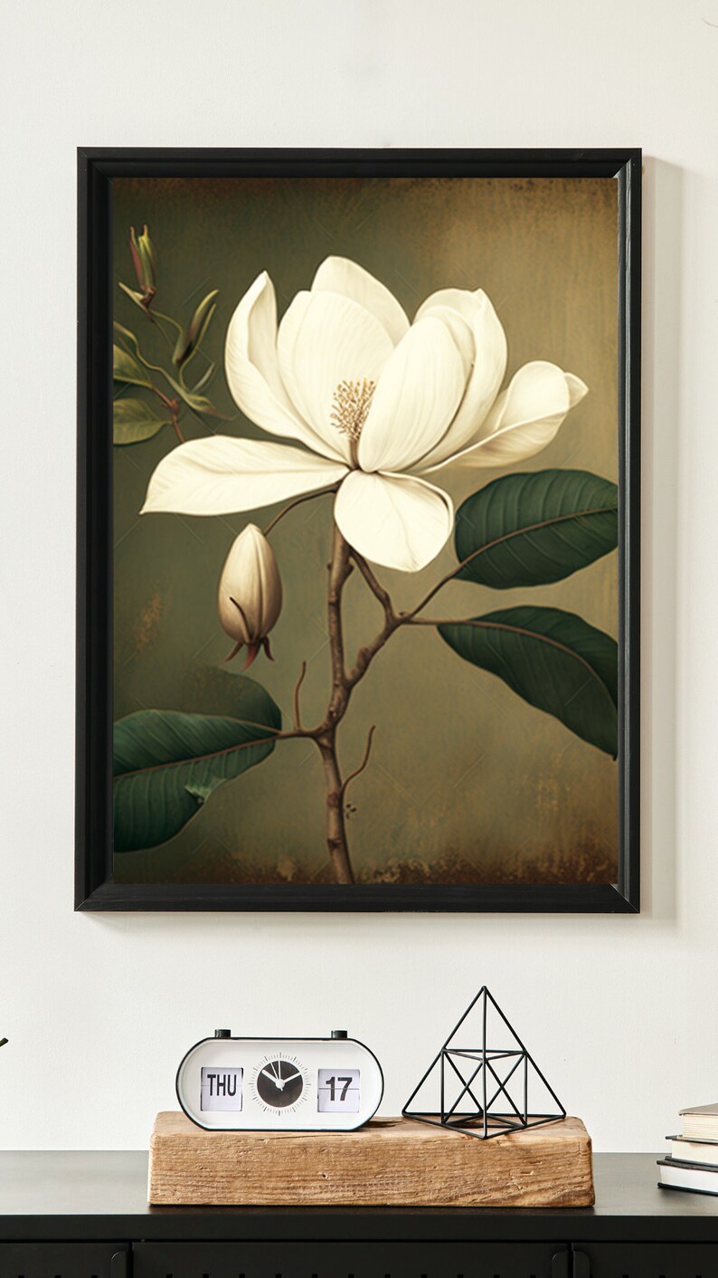 Large Wall Art, Magnolia Flower Print, Wooden Frame, Glass Cover
