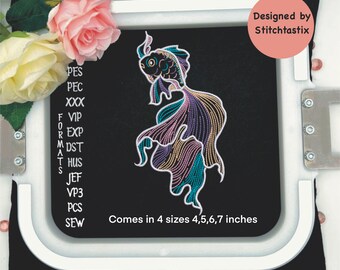 Colourful Fish with beautiful long fins Embroidery Machine design comes in 4 sizes