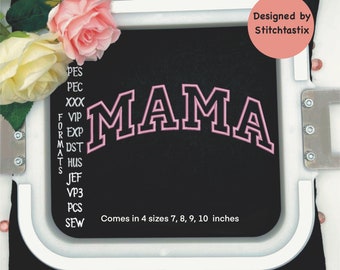 Può includere: Un telaio da ricamo nero con un design "MAMA" rosa. Il telaio è circondato da fiori rosa e strass. Il testo "Comes in 4 sizes 7, 8, 9, 10 inches" è sotto il telaio. Il testo "Designed by Stitchtastix" è nell'angolo in alto a destra dell'immagine.