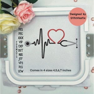 May include: A red heart with a stethoscope and a black EKG line. The design is available in four sizes: 4, 5, 6, and 7 inches. The text "Designed by Stitchtastix" is in the upper right corner. The text "FORMATS" is on the left side of the image, followed by a list of embroidery file formats: PES, PEC, XXX, VIP, EXP, DST, HUS, JEF, VP3, PCS, and SEW.