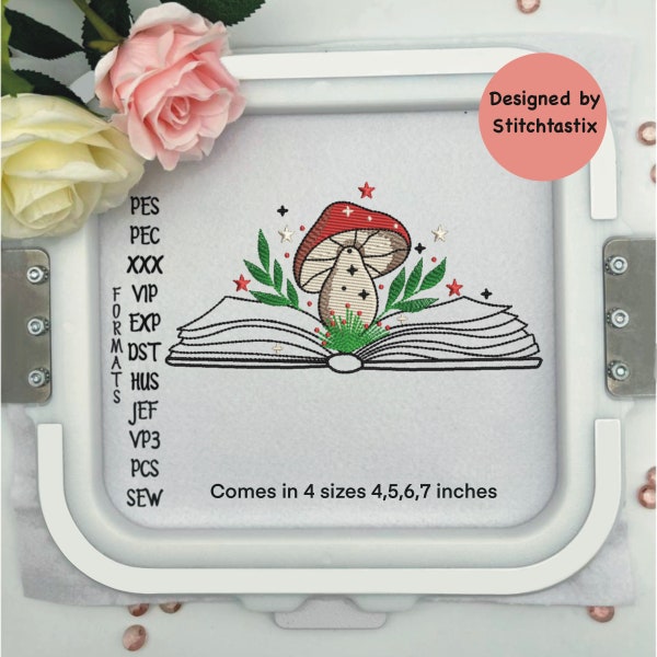 Embroidery Machine design of a book with Mushrooms grass and flowers 4 sizes available