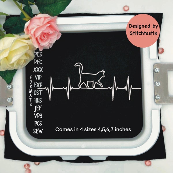 Embroidery Machine design of Heart beat wave cat pulse rhythm ECG, 4 sizes available