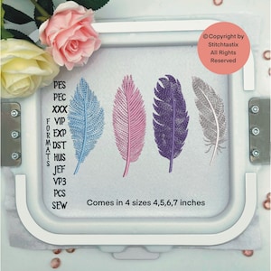 May include: Four embroidery designs of feathers in blue, pink, purple, and gray. The designs are shown in a hoop and come in four sizes: 4, 5, 6, and 7 inches. The embroidery formats are listed on the left side of the image: PES, PEC, XXX, VIP, EXP, DST, HUS, JEF, VP3, PCS, SEW.
