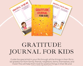 May include: A gratitude journal for kids featuring a bright orange cover with colorful confetti patterns. Two open pages are displayed, one titled Grateful To Be Me and the other Grateful For My Family, both containing prompts and illustrations of children.