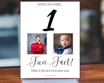May include: A white rectangular sign featuring the text WHEN WE WERE... at the top, a large black number 1, and two square photographs of children. Below the photos, the text reads Fun Fact! and Mike & Sarah's first date was with a dashed line.