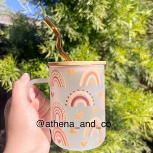 Boho rainbow 17oz mug | Frosted mug| 17 oz mug| Cute coffe mug| Aesthetic glass mug| Glass mug| Boho mug| Girly mug|  Glass mug with Lid