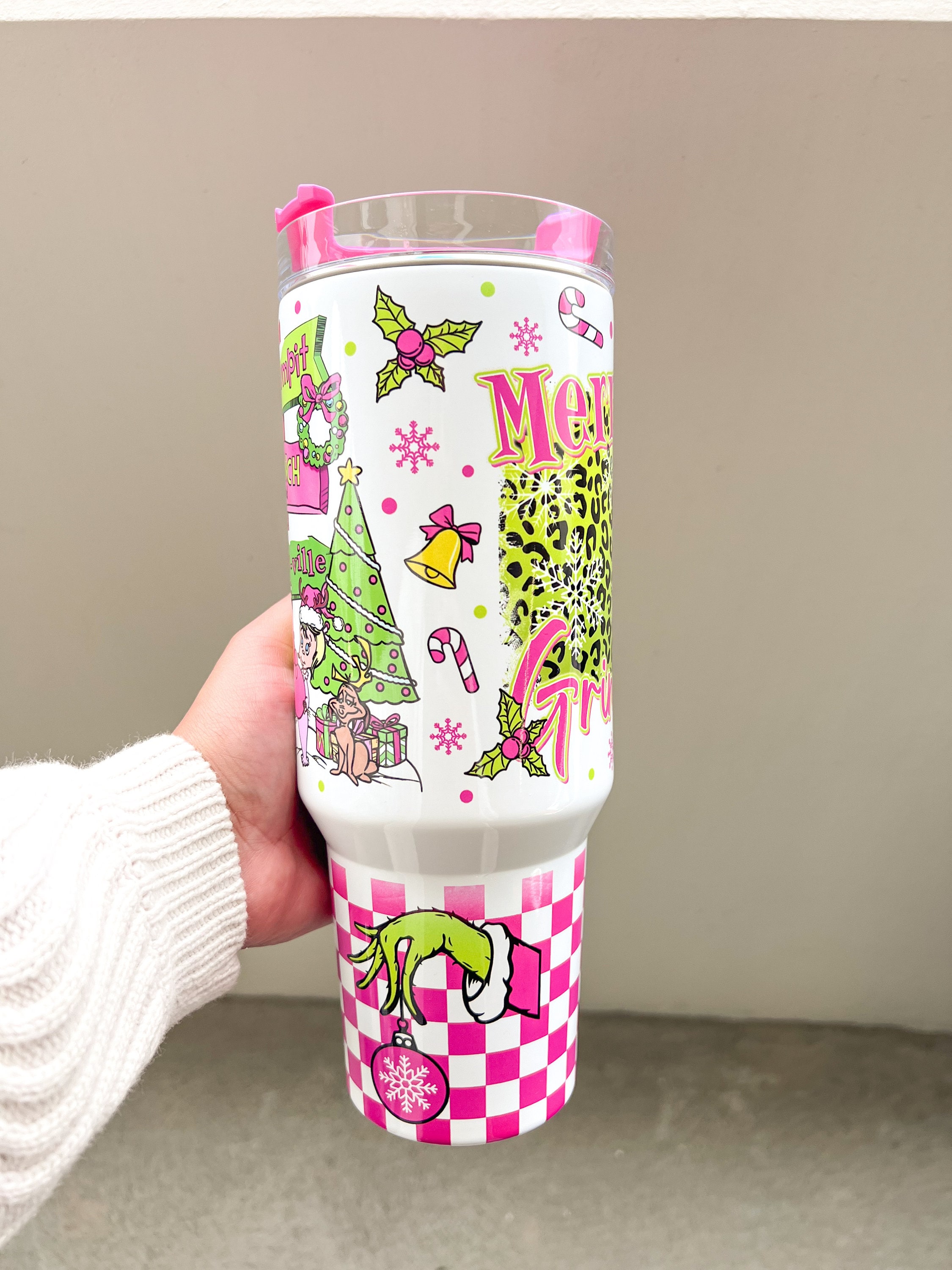 Grinch Tumbler Pink Christmas 40Oz Stainless Steel Stanley Cups Christmas  Movie Gift Merry Grinchmas Whoville University Travel Mugs - Laughinks