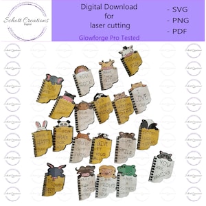 May include: A set of 18 digital cut files featuring adorable animal illustrations with inspirational messages. Each design includes a notebook with a spiral binding and a cute animal peeking out from behind the pages. The messages include "You Rock", "Have a Happy Day", "You Are Amazing", "Think Big", "Be a Good Friend", "I Love You", "Give It Your All", "Share a Smile Today", "You've Got This", "Have a Super Day", "I Am Proud of You", "Do Your Best", "A Big Hug for You", "Good Luck Today", "You Are Some Kind of Awesome", "Make New Friends", "Be a Shining Star", and "Keep the Dream Alive".