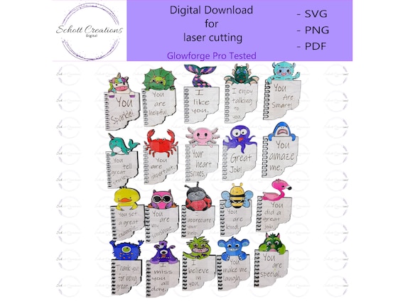 Lunch Box or Backpack Note Tokens Digital File, Positive wood tokens for kids, Set of 20, Glowforge tested, Great scrap buster,  File Only!