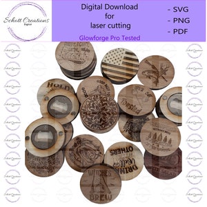 May include: A collection of 15 round wooden bottle openers with various laser-engraved designs. The designs include a US flag, a fish, a deer, a floral pattern, a wolf, a tree, a witch, a drink, and a salad. The bottle openers are all approximately 2 inches in diameter.