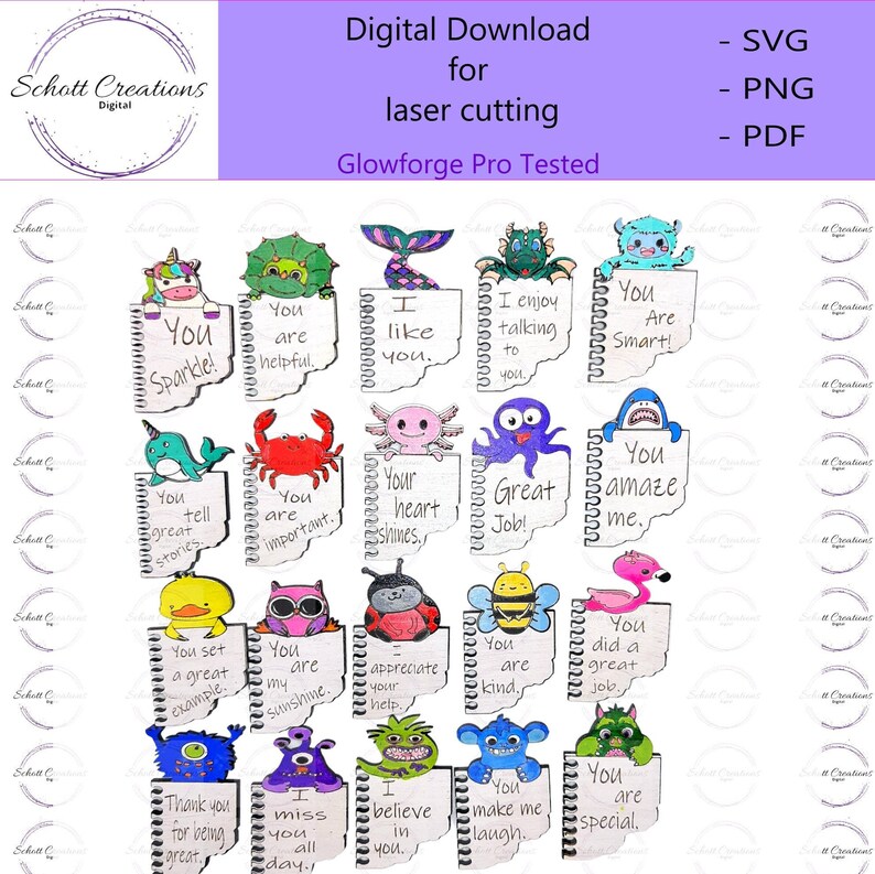 May include: A set of 16 printable digital cut files featuring colorful cartoon animals holding up notes with positive messages. The notes are designed to look like pages from a spiral notebook. The messages include "You Sparkle!" "You are helpful." "I like you." "I enjoy talking to you." "You are smart!" "You tell great stories." "You are important." "Your heart shines." "Great Job!" "You amaze me." "You set a great example." "You are my sunshine." "You appreciate your help." "You are kind." "You did a great job." "Thank you for being great." "I miss you all day." "I believe in you." "You make me laugh." "You are special."