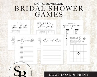 May include: Six printable bridal shower game cards with black text on a white background. The games include "Do You Know the Bride", "He Said She Said", "Advice for the Mr. and Mrs.", "What is in Your Purse", and "Bridal Bingo".