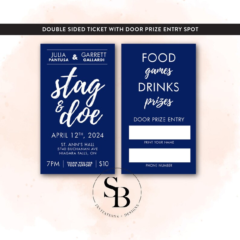 Blue Fun Stag and Doe Tickets Weddings Modern Jack and Jill Wedding Fundraiser Navy Blue and White image 1