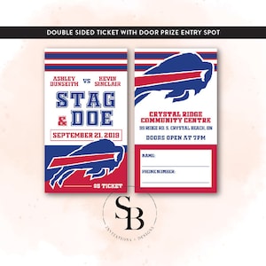 May include: A double-sided ticket with a blue and red buffalo design. The front side says "Stag & Doe" with the date "September 21, 2019". The back side says "Crystal Ridge Community Centre" with the address "99 Ridge Rd. S. Crystal Beach, ON" and "Doors Open at 7PM". There is a space for a name and phone number.