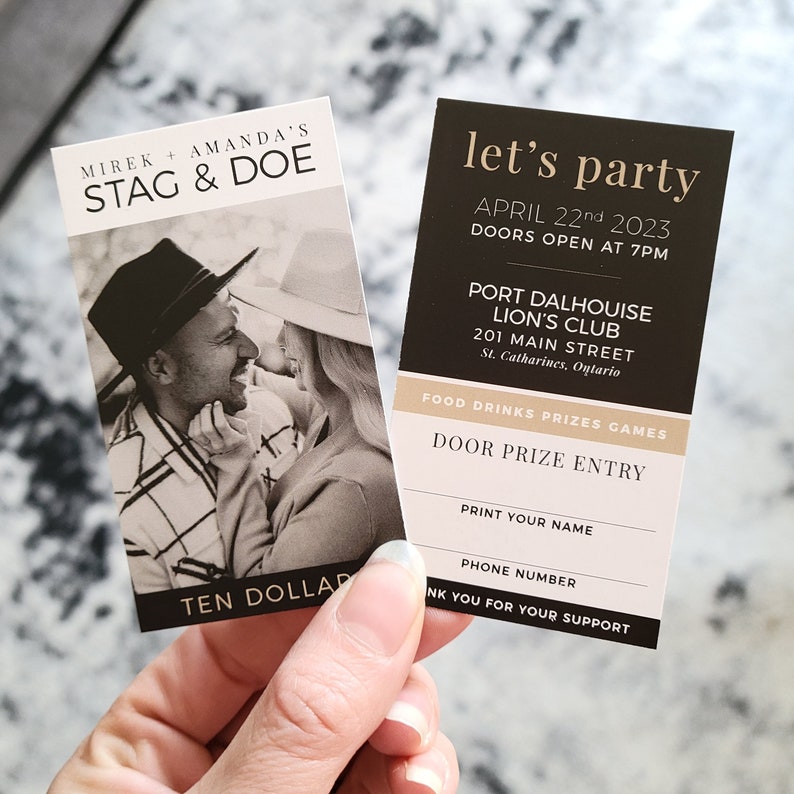 May include: A black and white photo of a couple on a stag and doe party invitation. The invitation is for a party at the Port Dalhousie Lion's Club on April 22nd, 2023 at 7pm. The invitation also includes a door prize entry form.